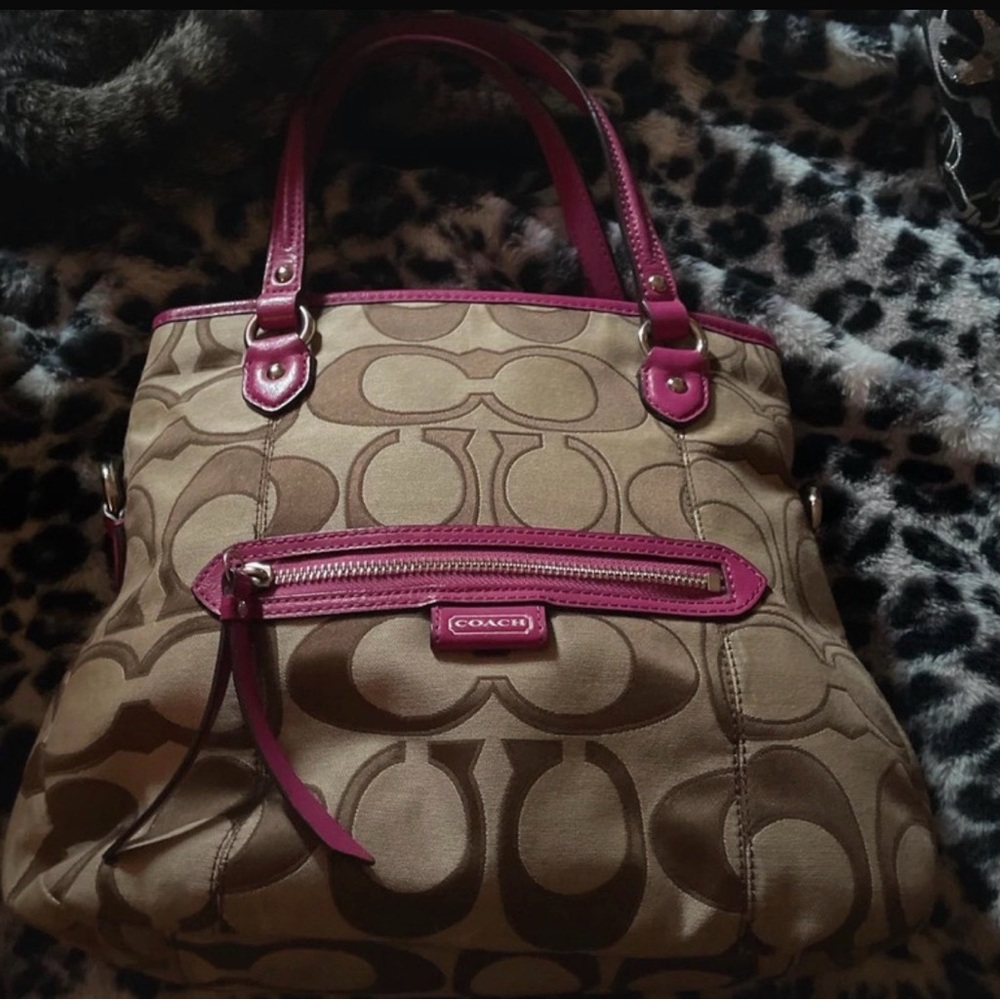 Coach Tan and Pink Signature Shoulder Bag